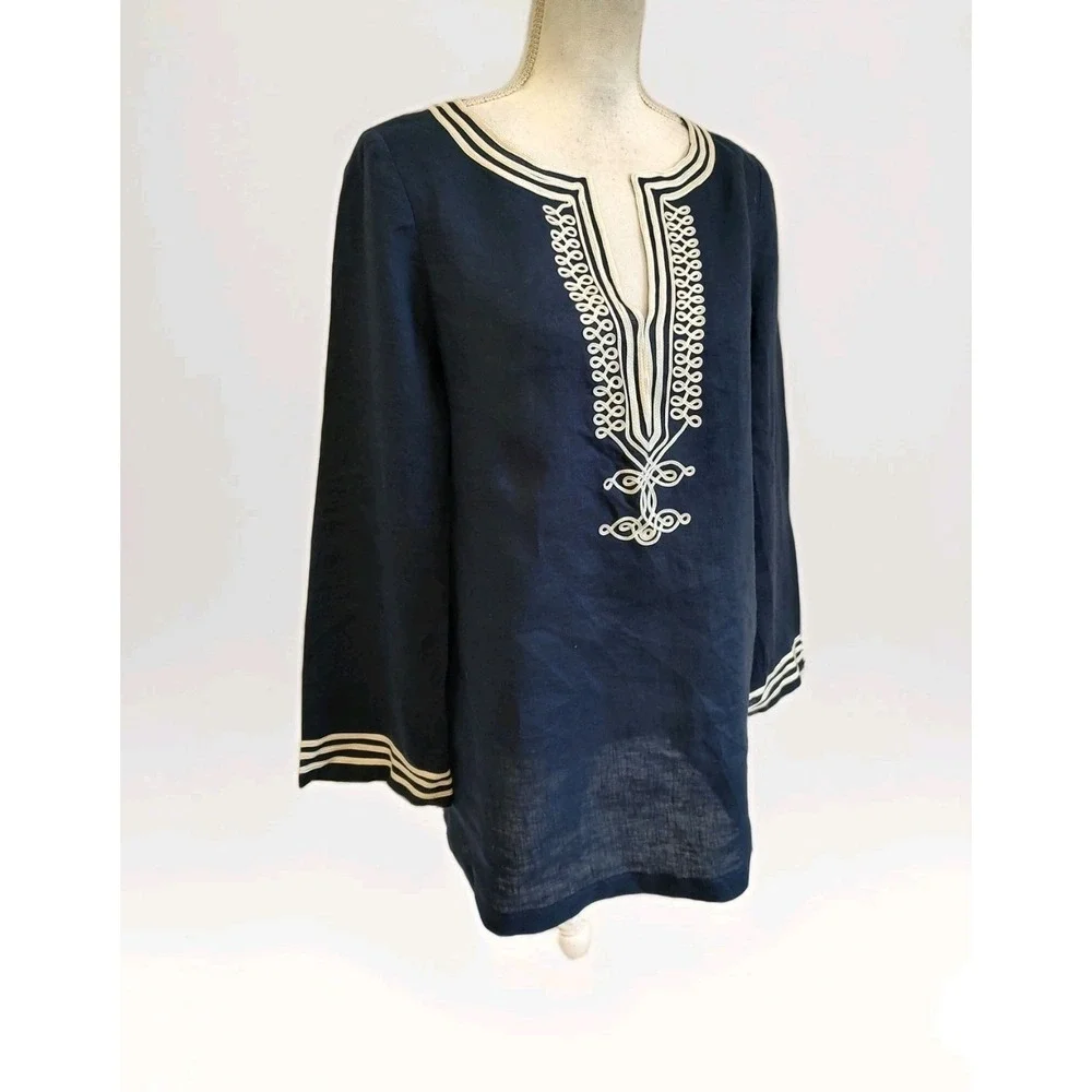 Michael Kors Linen Tunic Top Navy Blue & White Trim Nautical Indian Classic Sz M